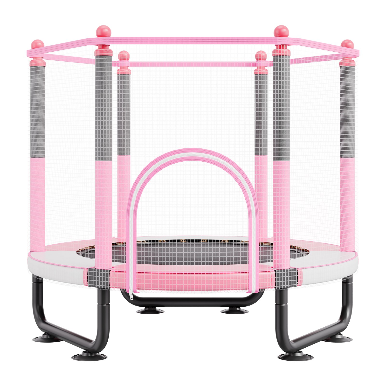 VEVOR 60" børnetrampolin, 1,5 m indendørs udendørs trampolin, mini-trampolin til småbørn med sikkerhedsnet og basketballkurv, fødselsdagsgaver, julelegetøj til børn fra 3 år, lyserød