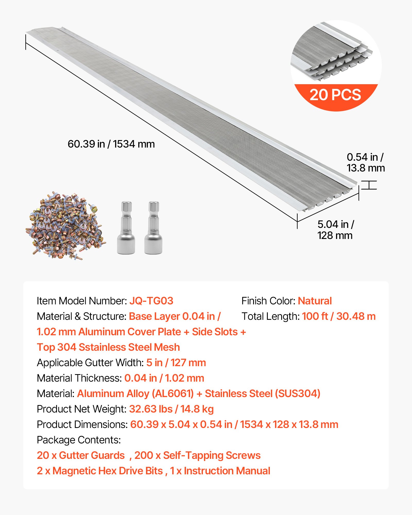 VEVOR Gutter Guard, 127mm Aluminum Gutter Cover with Stainless Steel Micro Mesh, Heavy-Duty 30.48m Length, 1.02mm Thickness, Leaf Guard for Debris and Pine Needles, Easy DIY, Screws Include, 20 PCS