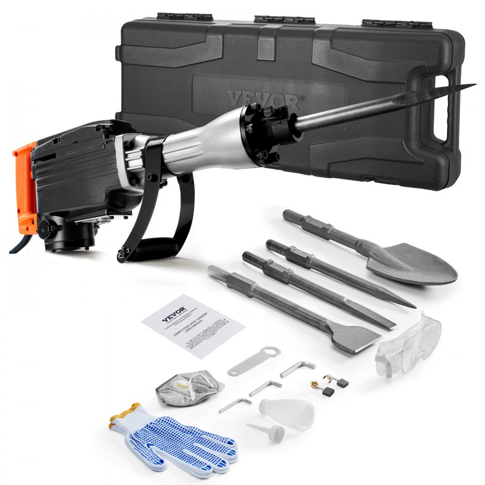 VEVOR Demolition Jack Hammer, 2200W Jack Hammer Concrete Breaker, 1350 BPM Heavy Duty Electric Jack Hammer, 4pcs Chisels Bit with Case, Black