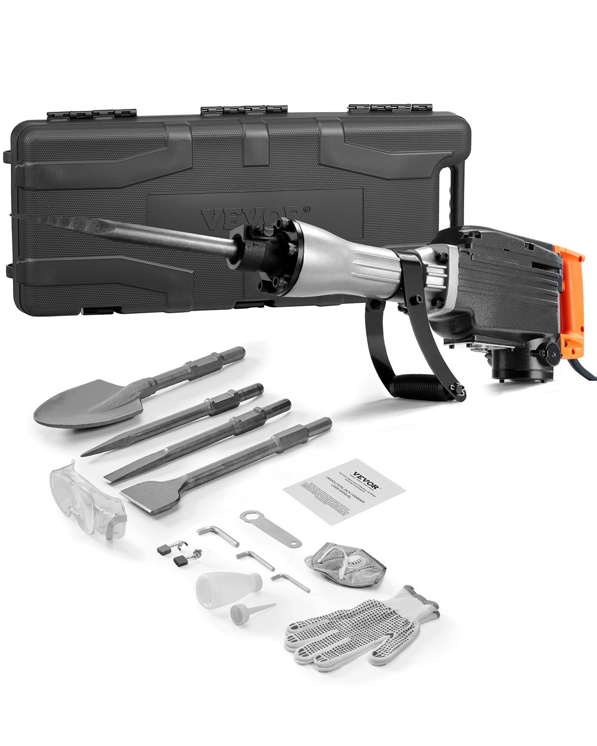 VEVOR Demolition Jack Hammer, 2200W Jack Hammer Concrete Breaker, 1350 BPM Heavy Duty Electric Jack Hammer, 4pcs Chisels Bit with Case, Black