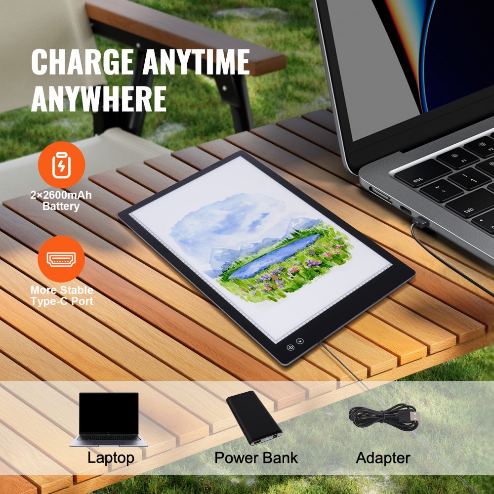 VEVOR lysbrett, A2 LED-lyspute med 6 nivåer av dimbar lysstyrke, oppladbart lysbord for sporing, lysboks for diamantmaling, animasjon, skissering, tegning, sjablong, kunstnere (svart)