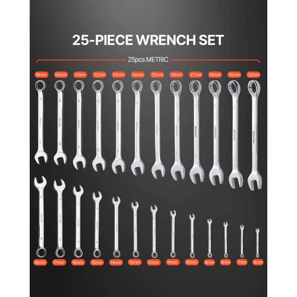VEVOR Combination Wrench Set, 25-Piece Open End Wrench Set with Roll-up Pouch, Carbon Steel Wrench Set  Metric 6 mm to 32 mm, Ideal for General Household, Garage, Workshop, Auto Repairs, Emergency