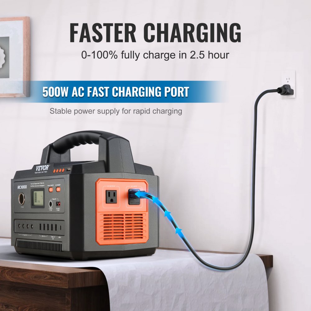 VEVOR portable power station with 500w ac charging port on table, plugged into wall socket.