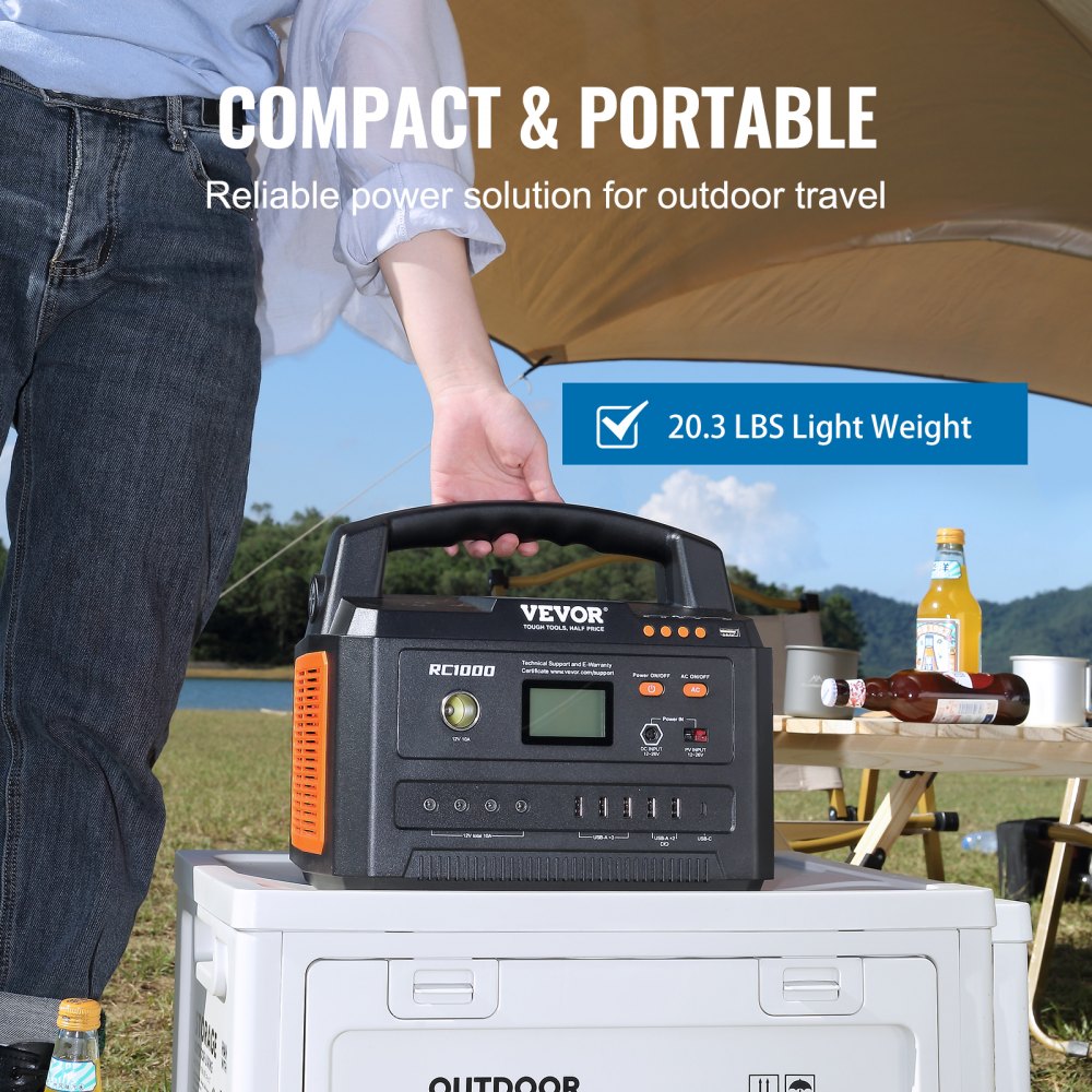 VEVOR portable power station for outdoor travel on a camping table, showing lightweight and portability.