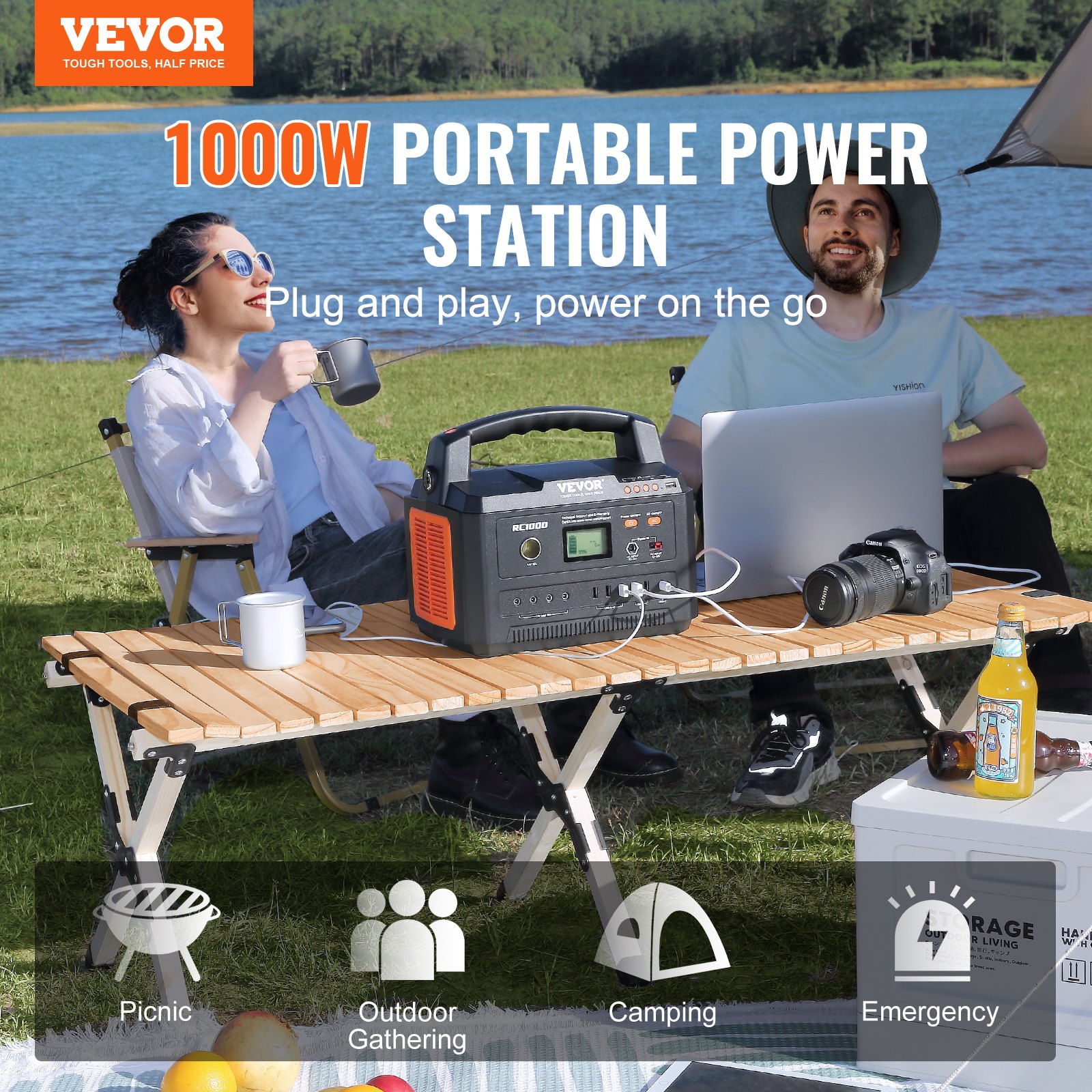 camping setup by the lake featuring the VEVOR portable power station, table, camera, and drinks.