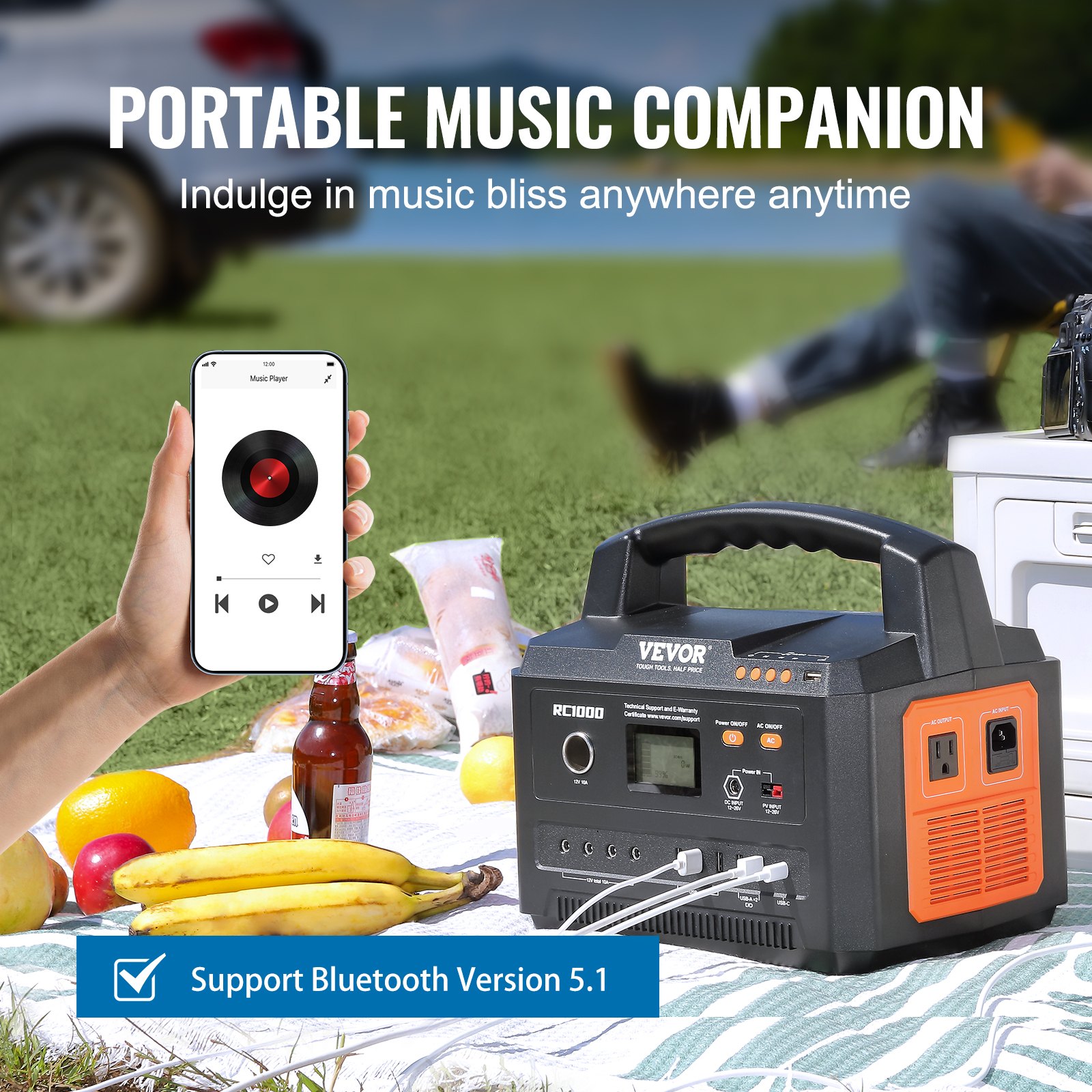VEVOR portable power station by picnic, enabling phone music playback with bluetooth support.