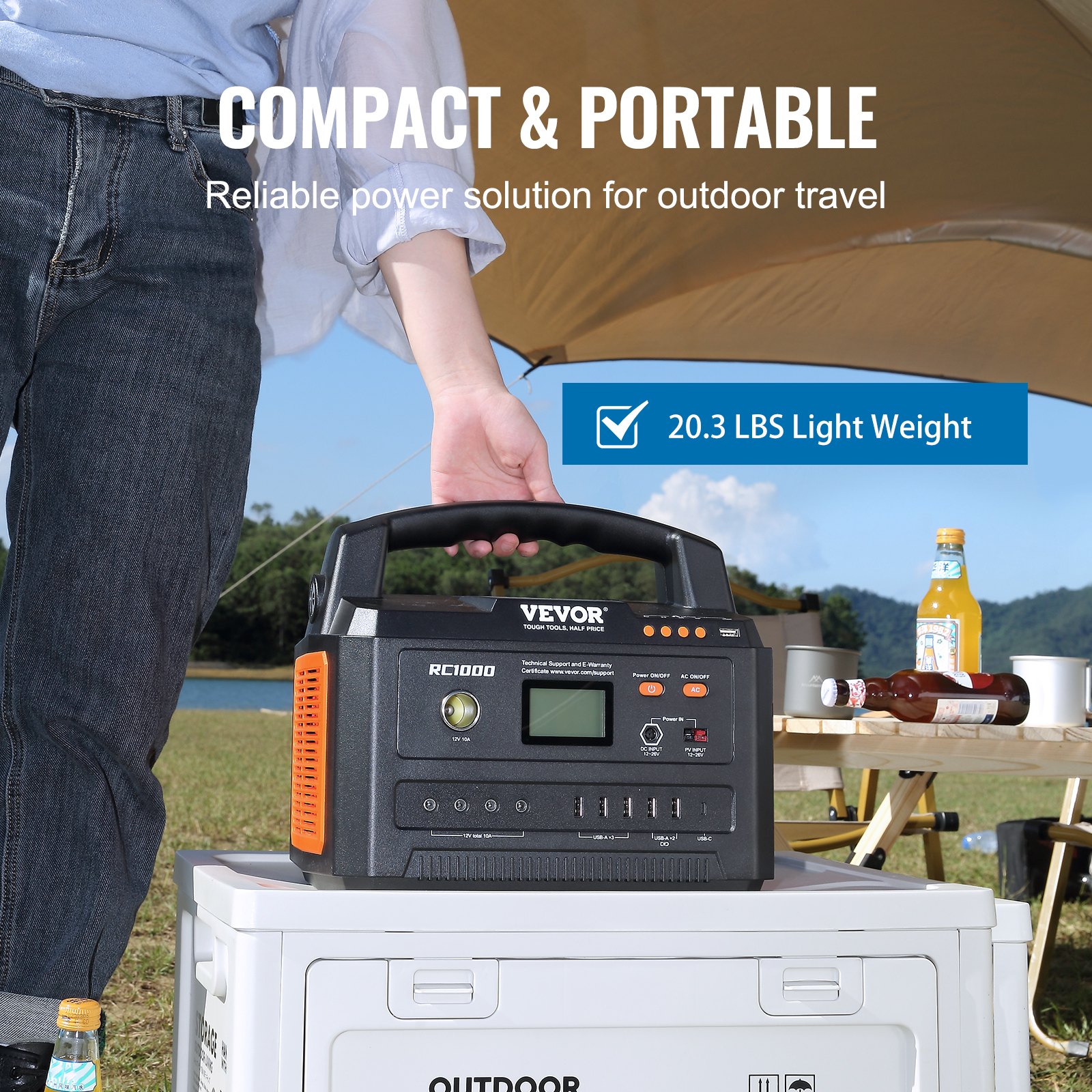 VEVOR portable power station for outdoor travel on a camping table, showing lightweight and portability.