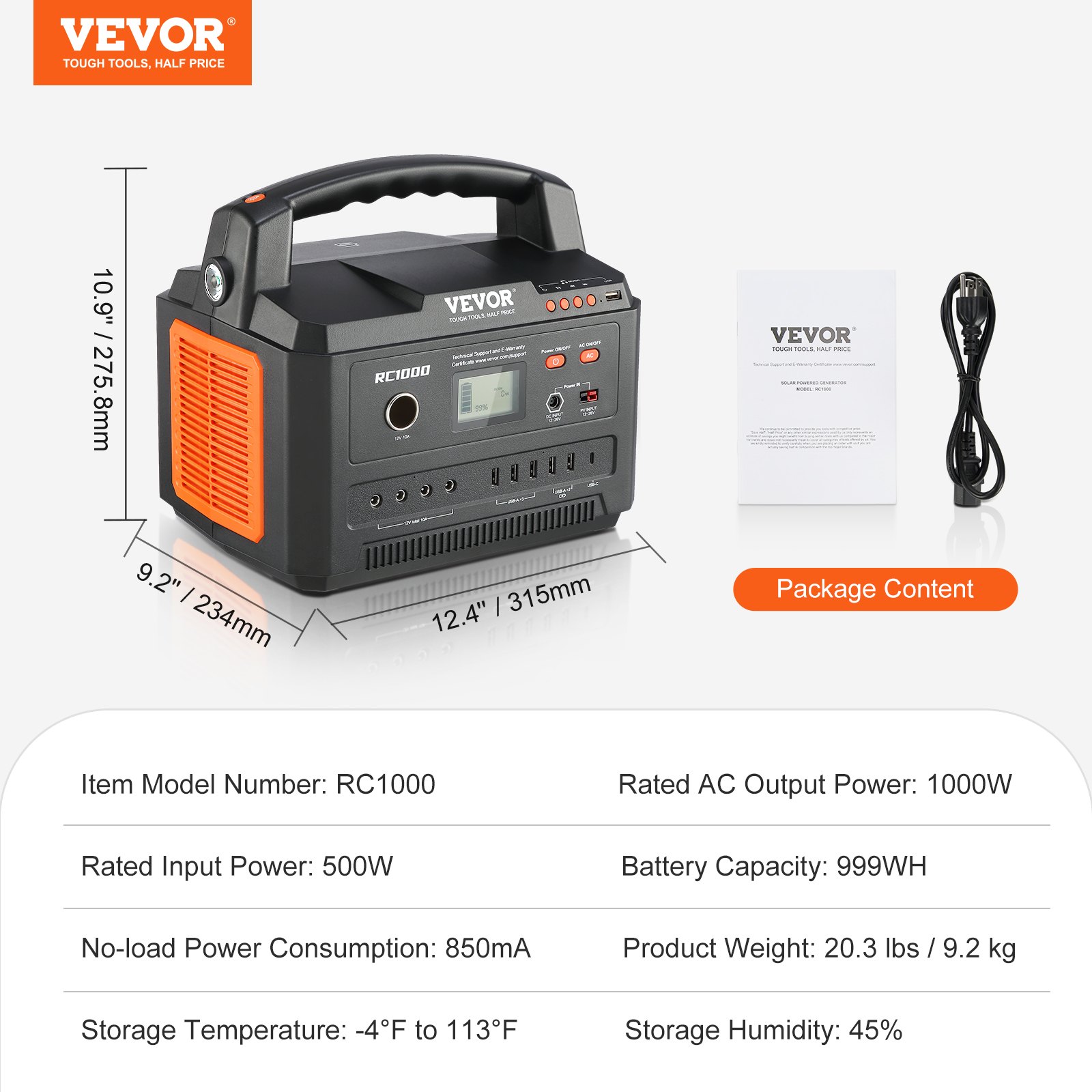 VEVOR portable power station rc1000 with display, handle, usb ports, dimensions, and package contents.