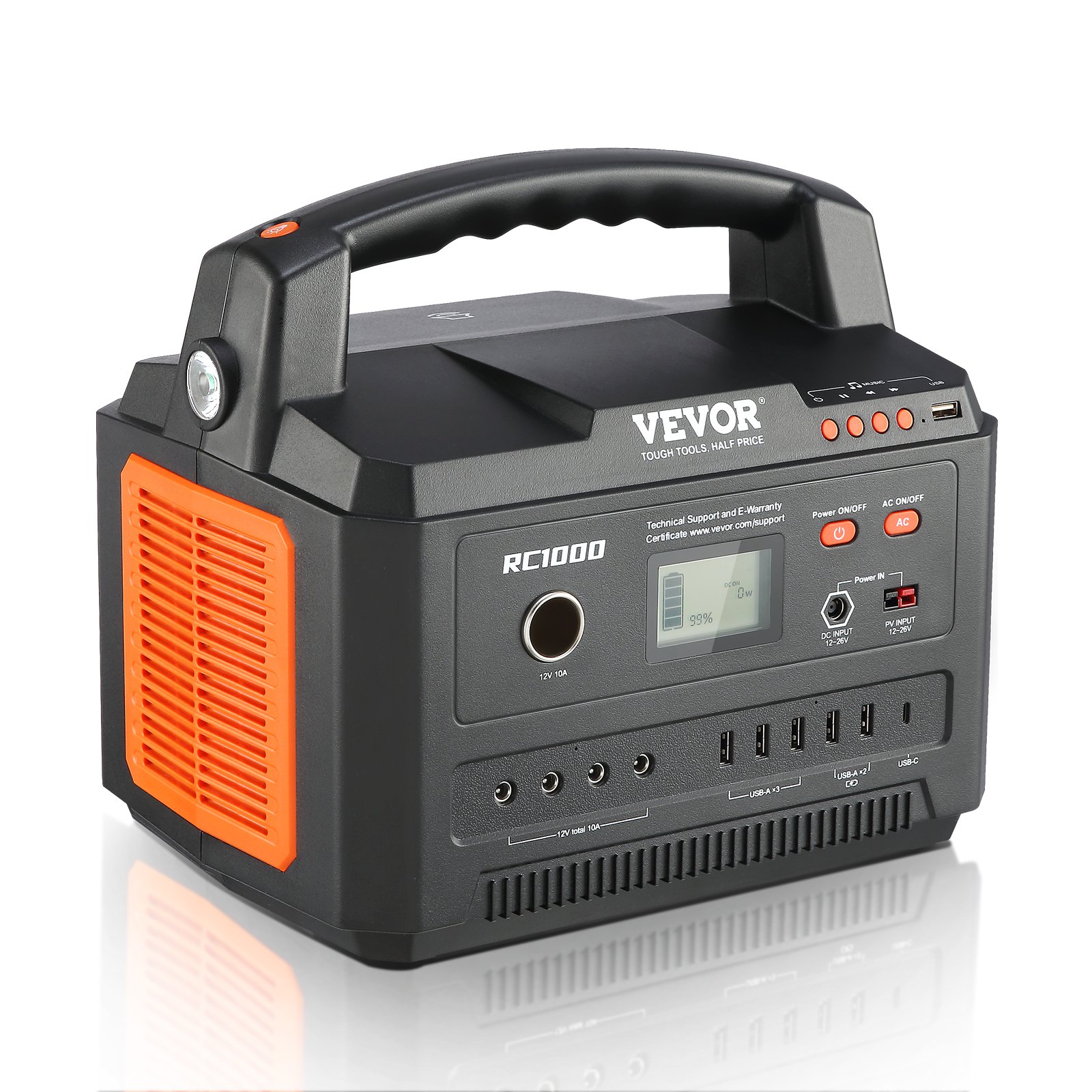VEVOR portable power station rc1000 with lcd display, multiple ports, and ergonomic handle.