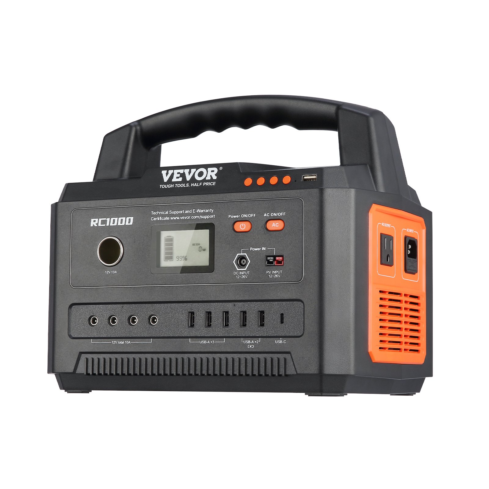 VEVOR portable power station rc1000 with lcd screen, multiple ports, and ac outlets.