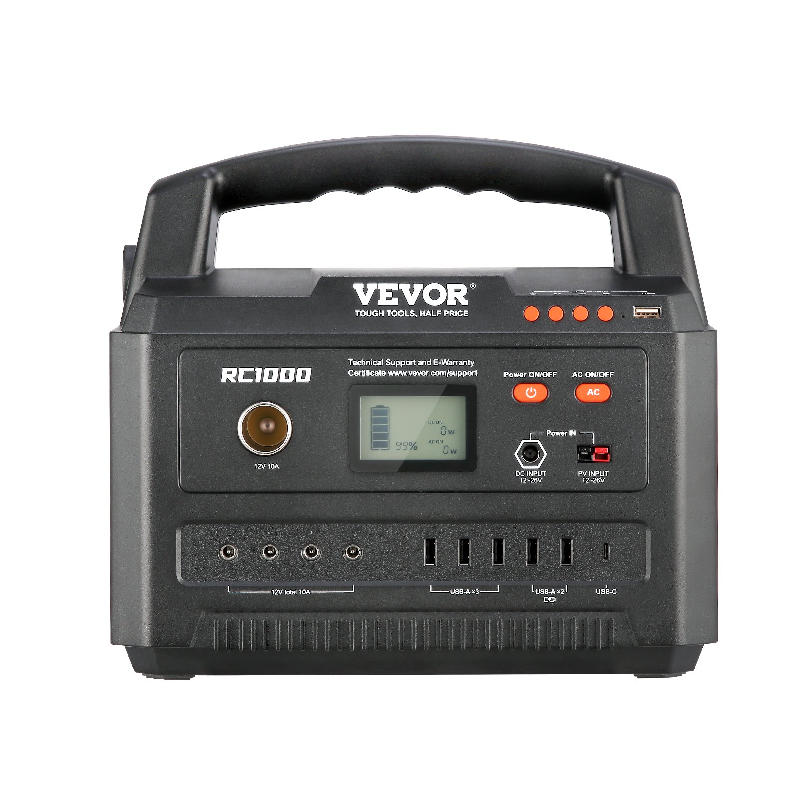 VEVOR portable power station rc1000 with lcd display, multiple ports, and carry handle.