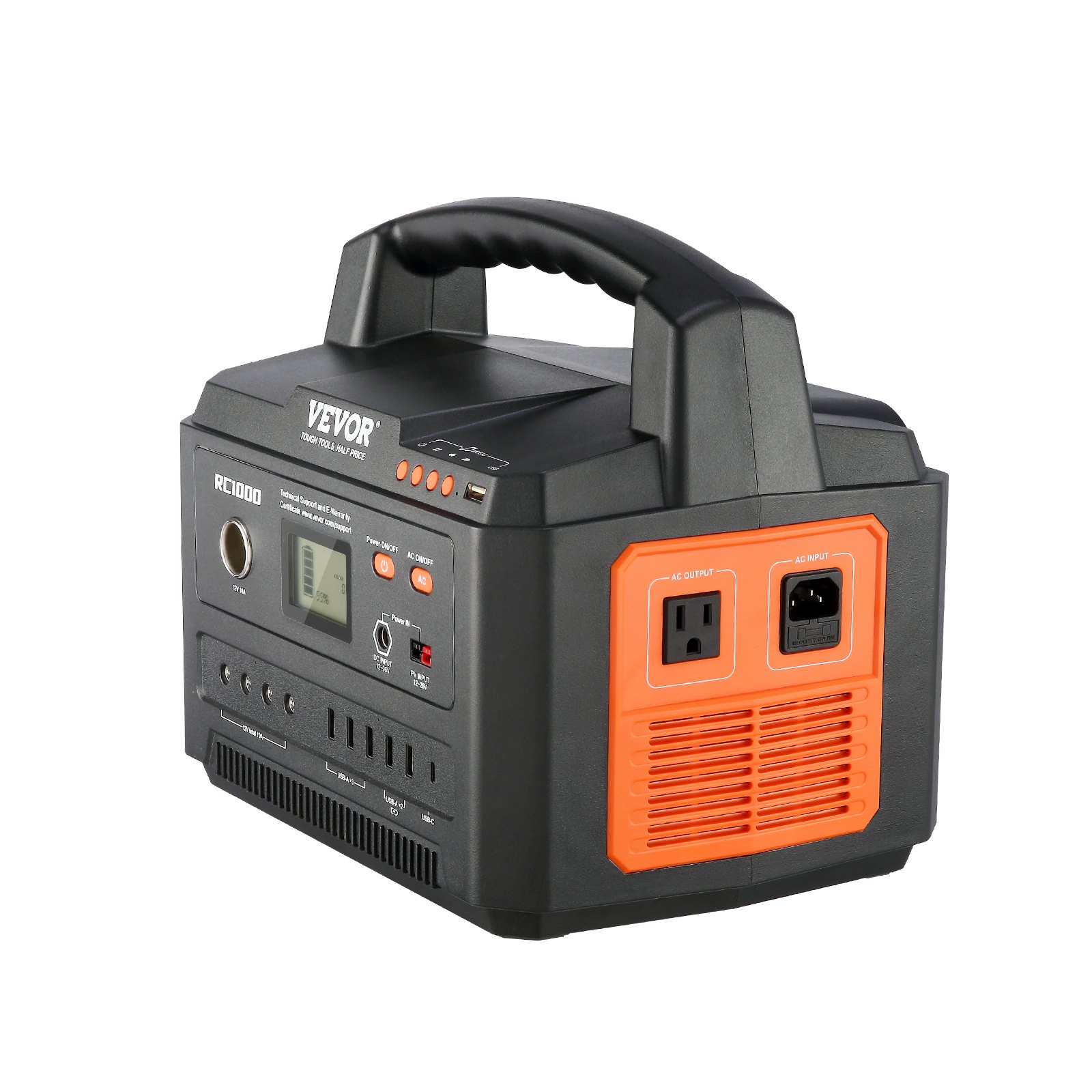 VEVOR portable power station with handle, digital display, usb ports, and ac inputs/outputs.