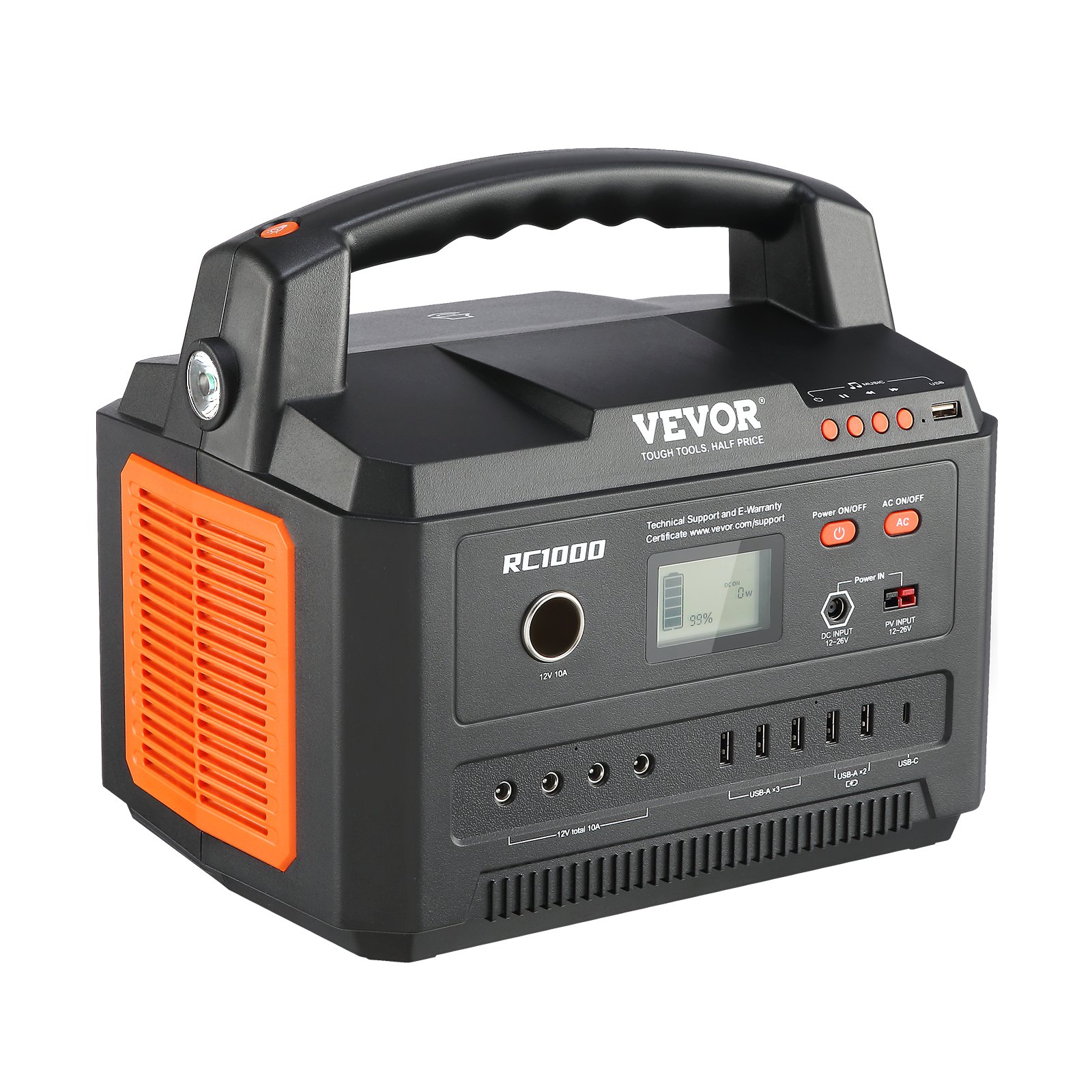 VEVOR portable power station rc1000 with display, multiple ports, and orange side vent panels.