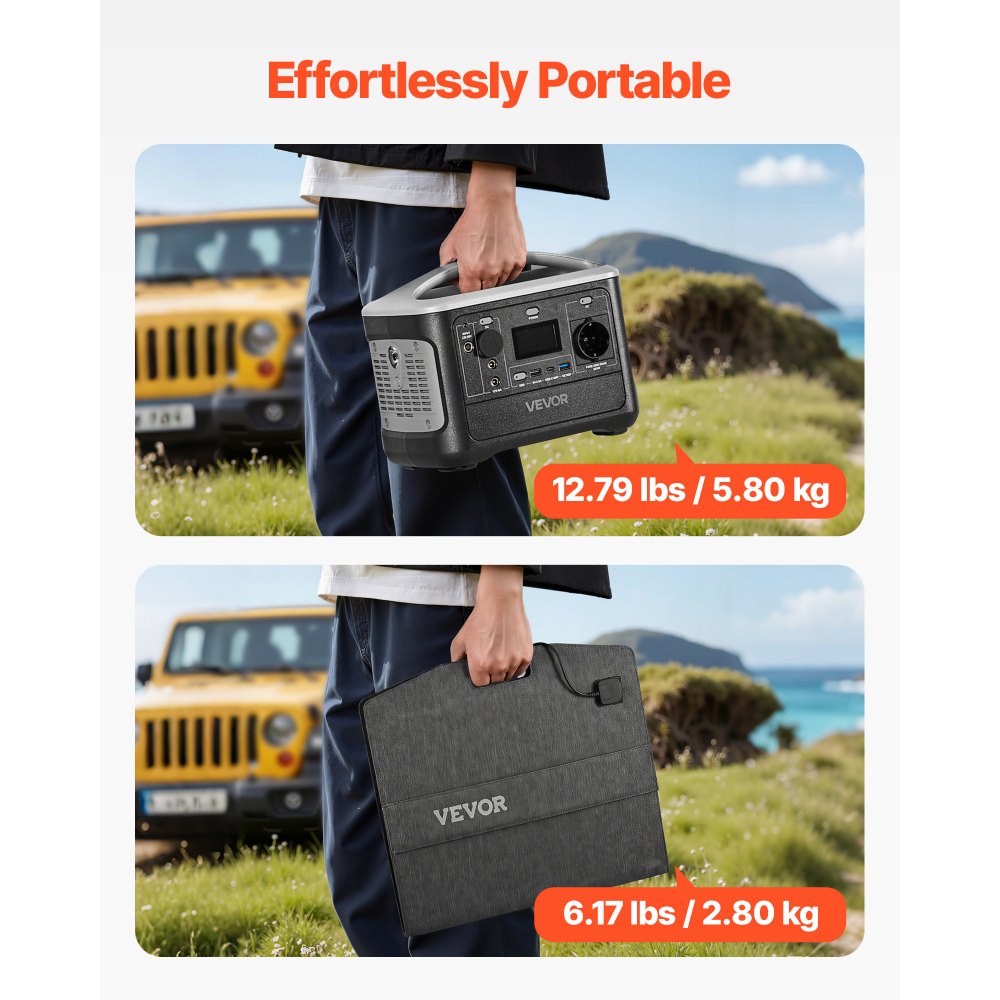 VEVOR Portable Power Station with 100W Solar Panel, 600W Solar Generator Power Station, 493Wh LiFePO4 Battery Backup with 7 Output Ports for Home Emergency, Outdoor Camping, RV Travel