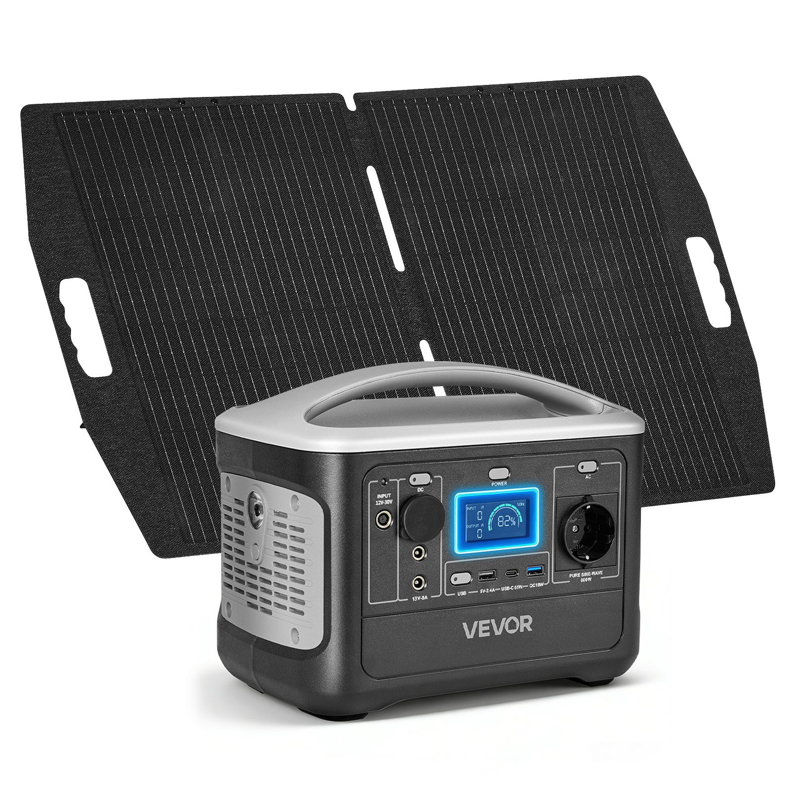 VEVOR Portable Power Station with 100W Solar Panel, 600W Solar Generator Power Station, 493Wh LiFePO4 Battery Backup with 7 Output Ports for Home Emergency, Outdoor Camping, RV Travel