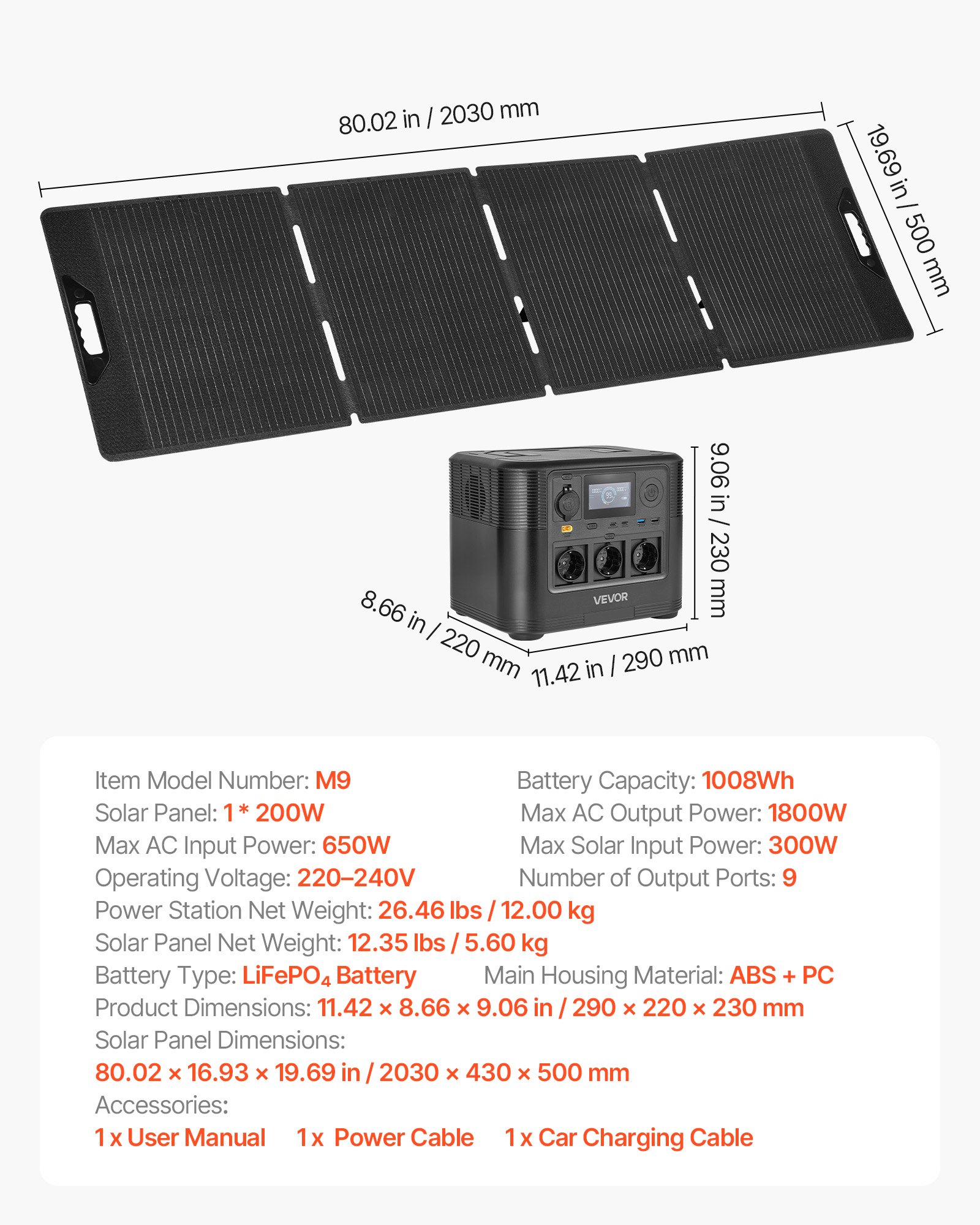 VEVOR Portable Power Station with 200W Solar Panel, 1800W Solar Generator Power Station, 1008Wh LiFePO4 Battery Backup with 9 Output Ports for for Home Emergency, Outdoor Camping, RV Travel