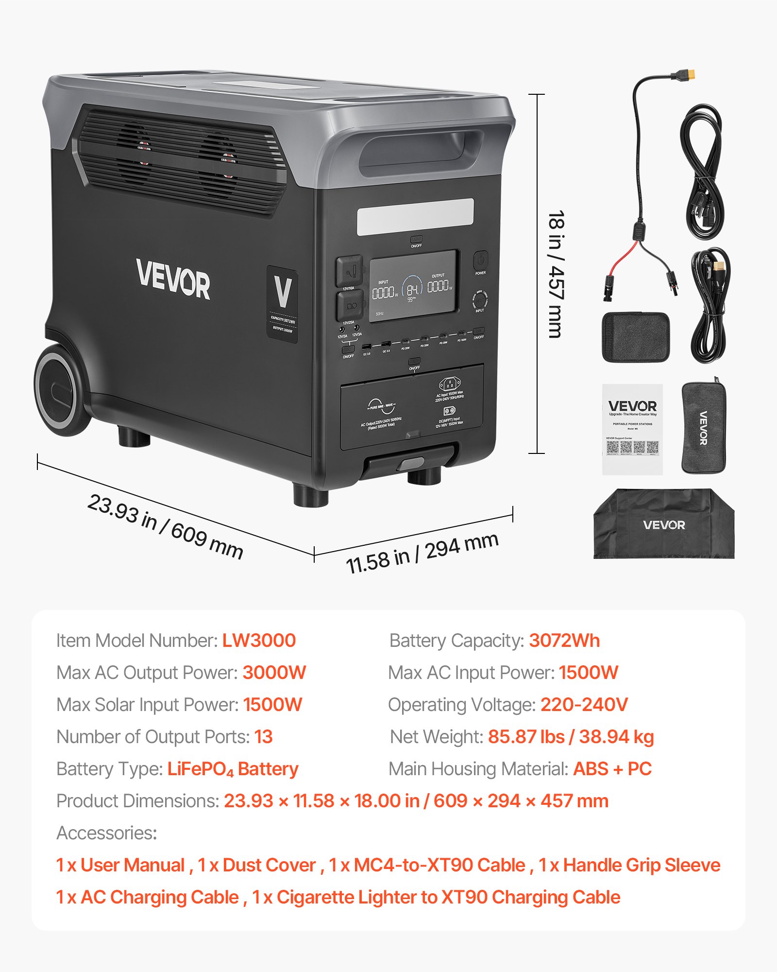 VEVOR Portable Power Station, 3000W Solar Generator Power Station, 3072Wh LiFePO4 Battery Backup with 13 Output Ports for for Home Emergency, Outdoor Camping, RV Travel (Solar Panel NOT Included)