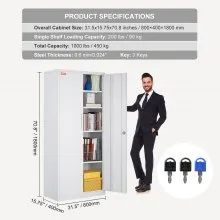 VEVOR Metal Storage Cabinet, Steel Locking Storage Cabinet with 2 Magnetic Doors and 4 Adjustable Shelves, 71'' Metal Cabinet 200 lbs Capacity per Shelf with 3 Keys, for Office, Home, Garage, White