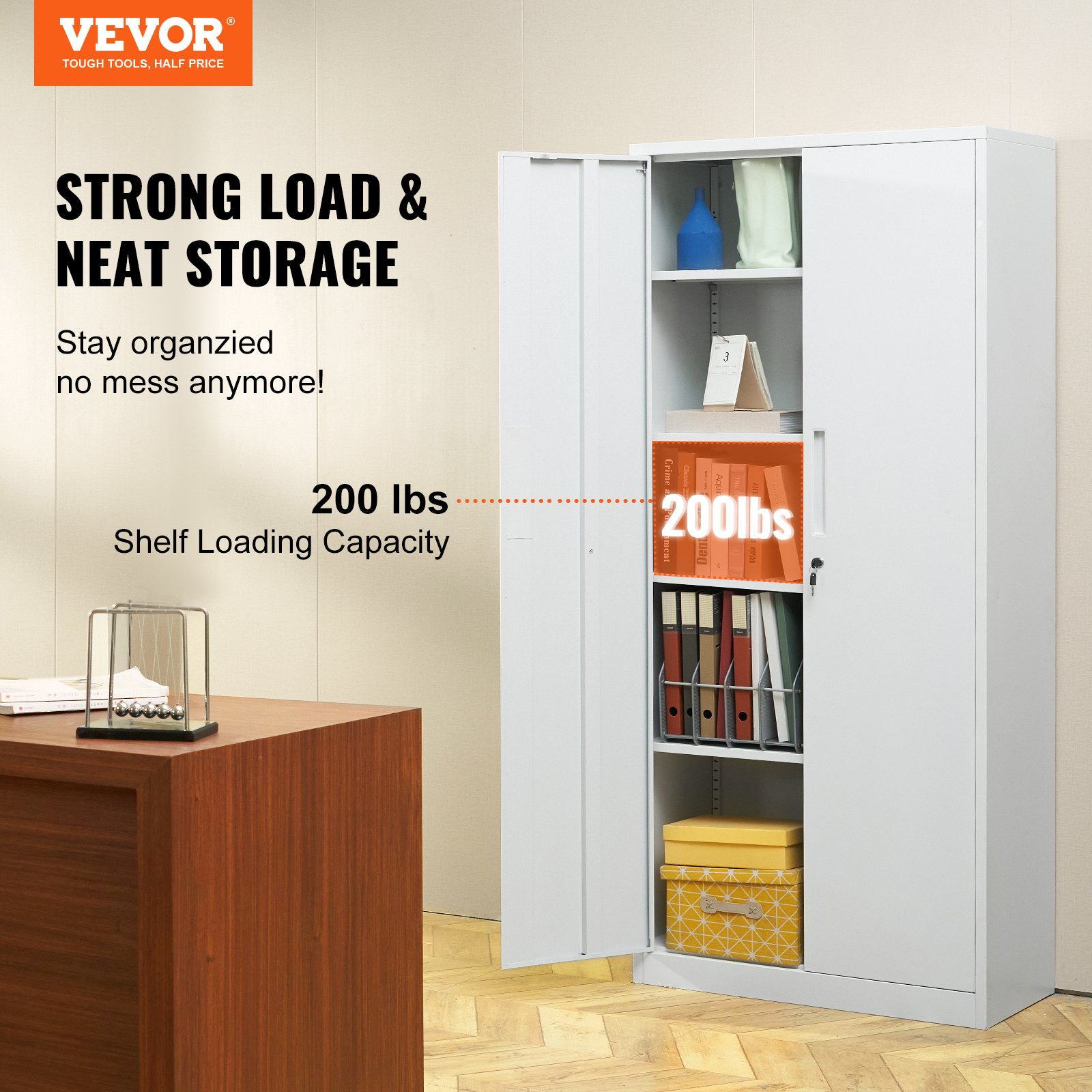 VEVOR Metal Storage Cabinet with 2 Magnetic Doors and 4 Adjustable Shelves, 90 kg Capacity per Shelf, Locking Steel Storage Cabinet, 1.8 m Metal Cabinet with 3 Keys, for Office, Garage, Home, White