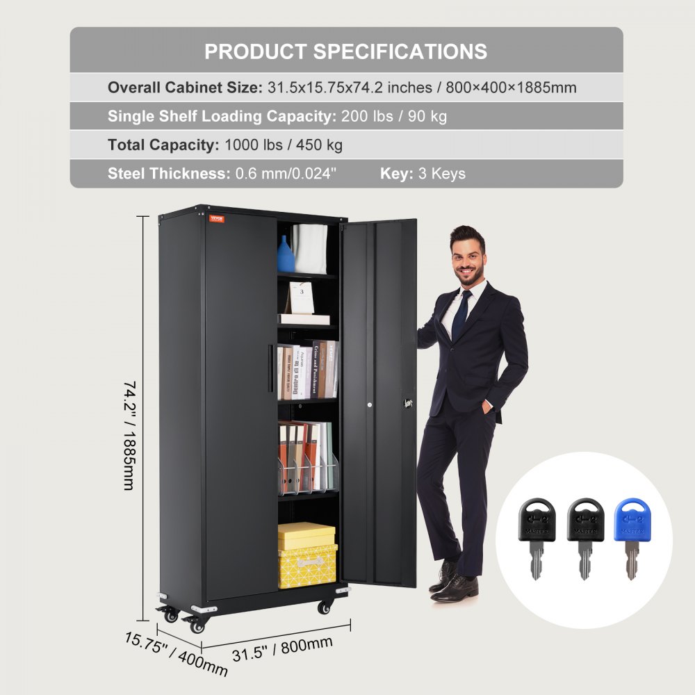 VEVOR Metal Storage Cabinet with Wheels, 190.5 cm Locking Cabinet with 4 Adjustable Shelves & 2 Magnetic Doors, 90.7 kg Capacity per Shelf, Metal Cabinet with 3 Keys for Office, Garage, Home, Black