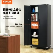 VEVOR Metal Storage Cabinet with Wheels, 190.5 cm Locking Cabinet with 4 Adjustable Shelves & 2 Magnetic Doors, 90.7 kg Capacity per Shelf, Metal Cabinet with 3 Keys for Office, Garage, Home, Black