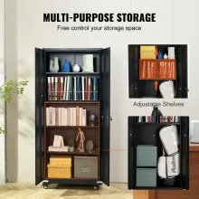 VEVOR Metal Storage Cabinet with Wheels, 75 in Locking Cabinet with 4 Adjustable Shelves & 2 Magnetic Doors, 200 lbs Capacity per Shelf, Metal Cabinet with 3 Keys for Office, Garage, Home, Black