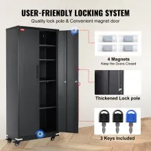 VEVOR Metal Storage Cabinet with Wheels, 190.5 cm Locking Cabinet with 4 Adjustable Shelves & 2 Magnetic Doors, 90.7 kg Capacity per Shelf, Metal Cabinet with 3 Keys for Office, Garage, Home, Black