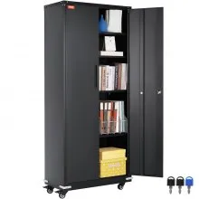 VEVOR Metal Storage Cabinet with Wheels, 190.5 cm Locking Cabinet with 4 Adjustable Shelves & 2 Magnetic Doors, 90.7 kg Capacity per Shelf, Metal Cabinet with 3 Keys for Office, Garage, Home, Black