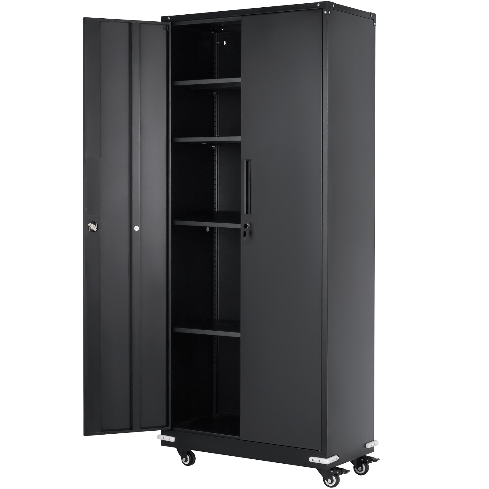 VEVOR Metal Storage Cabinet with Wheels, 190.5 cm Locking Cabinet with 4 Adjustable Shelves & 2 Magnetic Doors, 90.7 kg Capacity per Shelf, Metal Cabinet with 3 Keys for Office, Garage, Home, Black