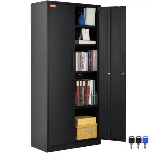 Gabinete de almacenamiento de metal para garaje, armario alto negro con  puertas y estantes ajustables, armario de herramientas con cerradura para