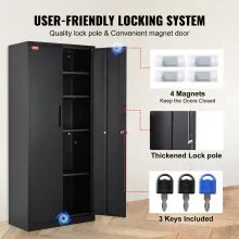 VEVOR Metal Storage Cabinet, Steel Locking Storage Cabinet with 2 Magnetic Doors and 4 Adjustable Shelves, 71'' Metal Cabinet 200 lbs Capacity per Shelf with 3 Keys, for Office, Home, Garage, Black