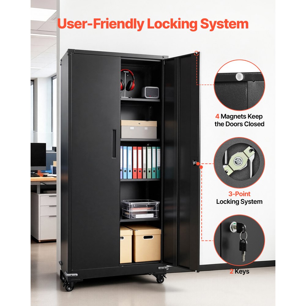 VEVOR Metal Storage Cabinet, 184.5 cm Rolling Steel Garage Cabinet with 4 Adjustable Shelves, 2 Magnetic Doors & 2 Keys, 5 Tiers Lockable Tool Storage for Pantry, Warehouse, Basement, Office, Black