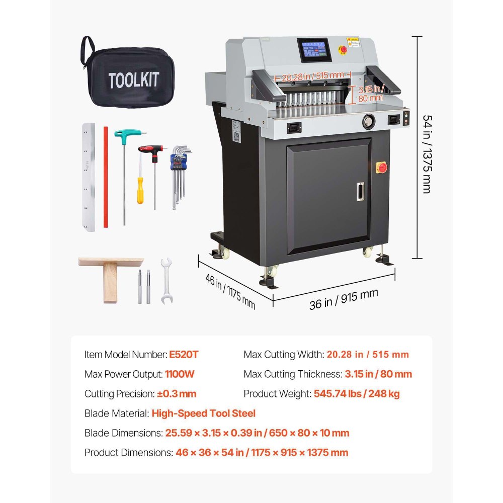 VEVOR Electric Paper Cutter, 1100W Heavy Duty Paper Cutter Machine With 20.28 in Cutting Width, 3.15 in Cutting Thickness, Electric Guillotine Trimmer with Casters and 7 in Touchscreen, for Print Shop