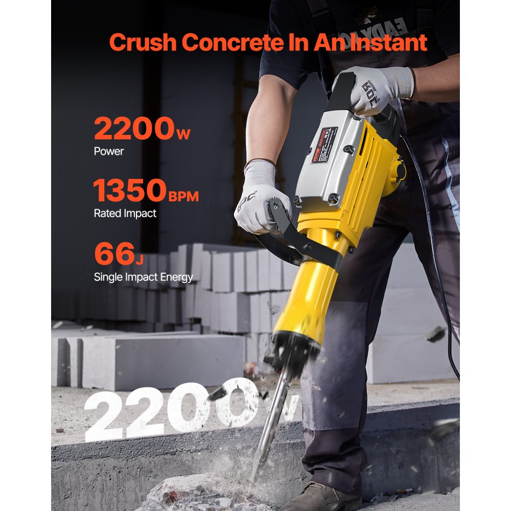 VEVOR Demolition Jack Hammer, 2200W Electric Jackhammer Heavy Duty, 1350 BPM Jack Hammer Concrete Breaker, with 1 Point Chisel, 1 Flat Chisel, Storage Case, Gloves and Goggles, for Demolition