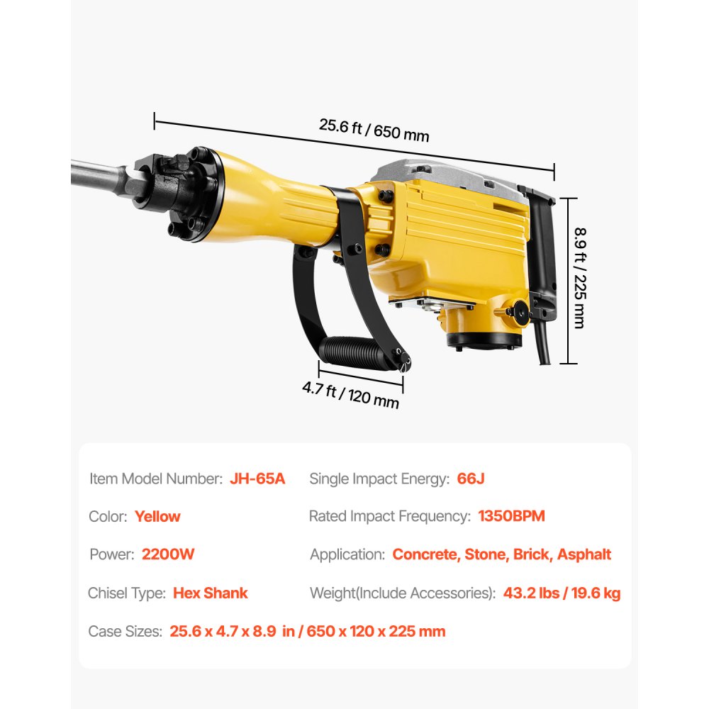 VEVOR Demolition Jack Hammer, 2200W Electric Jackhammer Heavy Duty, 1350 BPM Jack Hammer Concrete Breaker, with 1 Point Chisel, 1 Flat Chisel, Storage Case, Gloves and Goggles, for Demolition
