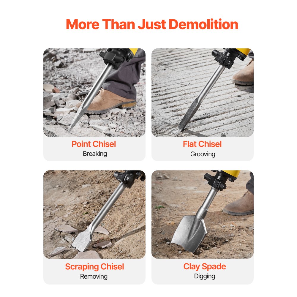 VEVOR Demolition Jack Hammer, 2200W 1350 BPM Jack Hammer Concrete Breaker, Heavy Duty Electric Jack Hammer 4pcs Chisels Bit with Gloves, 360° Swiveling Front Handle for Trenching and Breaking Holes