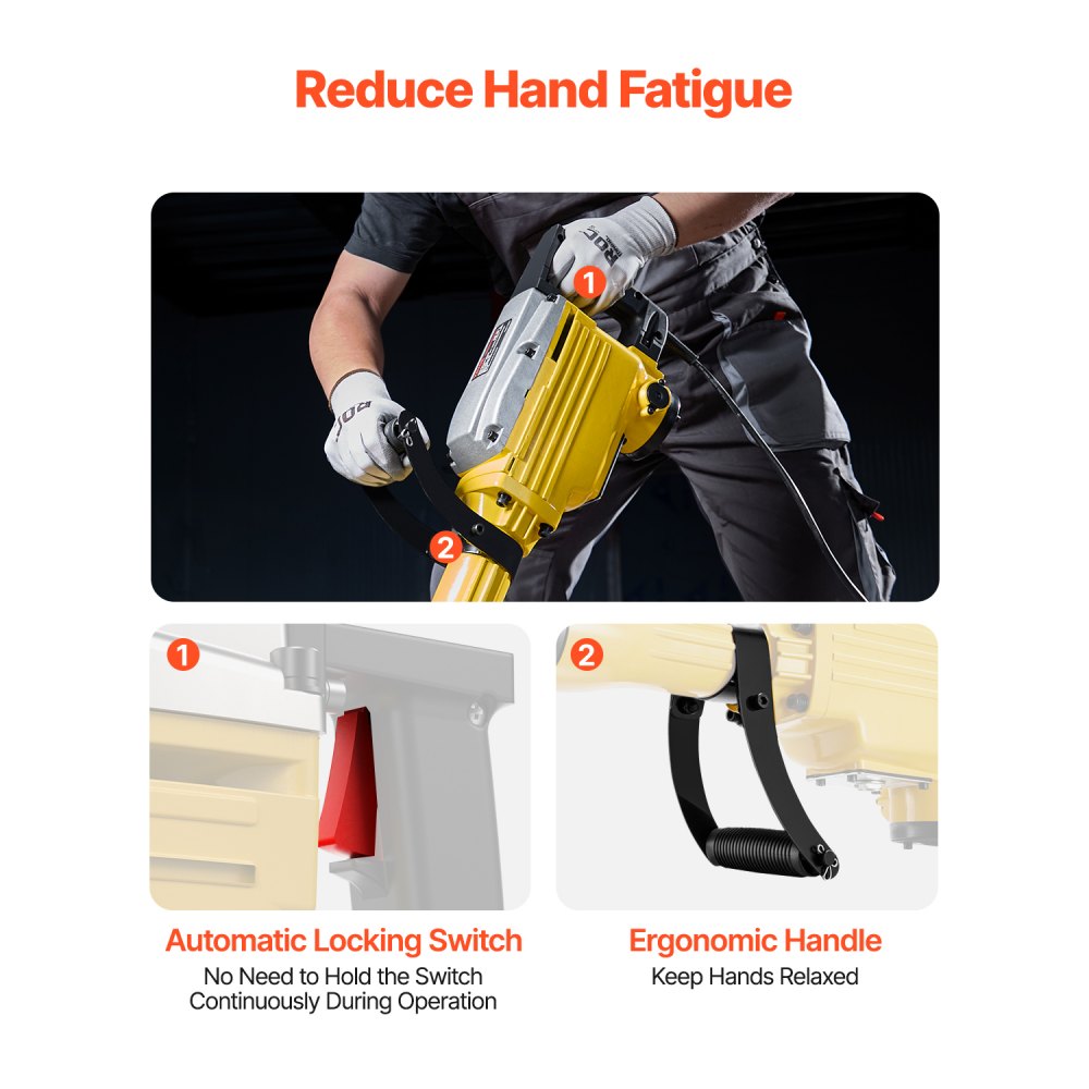 VEVOR Demolition Jack Hammer, 2200W 1350 BPM Jack Hammer Concrete Breaker, Heavy Duty Electric Jack Hammer 4pcs Chisels Bit with Gloves, 360° Swiveling Front Handle for Trenching and Breaking Holes