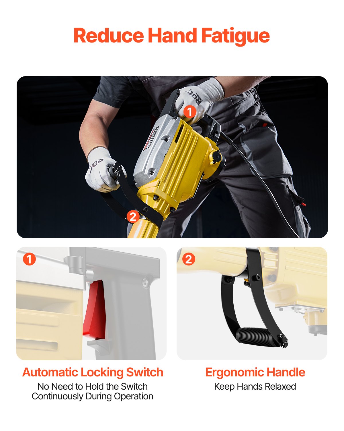 VEVOR Demolition Jack Hammer, 2200W 1350 BPM Jack Hammer Concrete Breaker, Heavy Duty Electric Jack Hammer 4pcs Chisels Bit with Gloves, 360° Swiveling Front Handle for Trenching and Breaking Holes