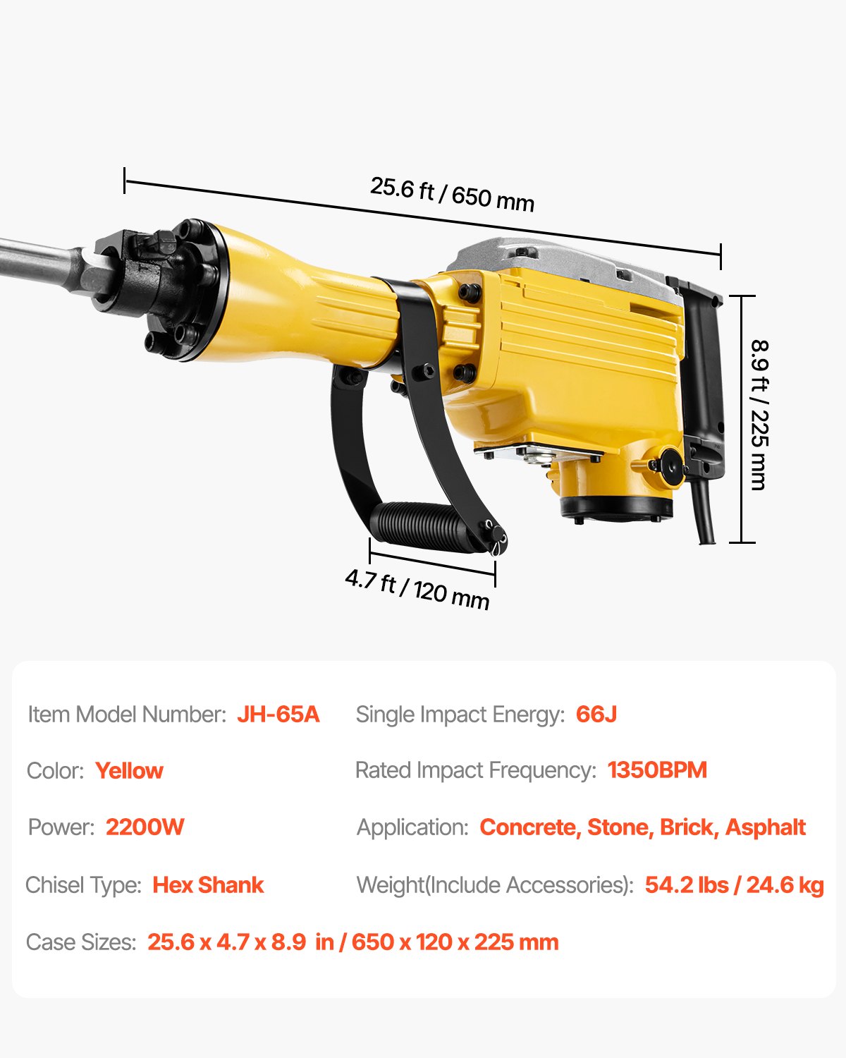 VEVOR Demolition Jack Hammer, 2200W 1350 BPM Jack Hammer Concrete Breaker, Heavy Duty Electric Jack Hammer 4pcs Chisels Bit with Gloves, 360° Swiveling Front Handle for Trenching and Breaking Holes