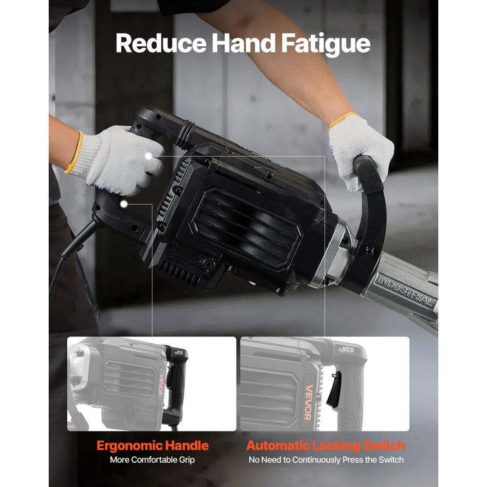 VEVOR bontókalapács, 3000 W-os elektromos légkalapács, 1700 ütés/perc sebességű betontörő hegyes vésővel, hordtáskával, kesztyűvel, védőszemüveggel, betonhoz, falhoz, téglához, csempéhez és alapozáshoz