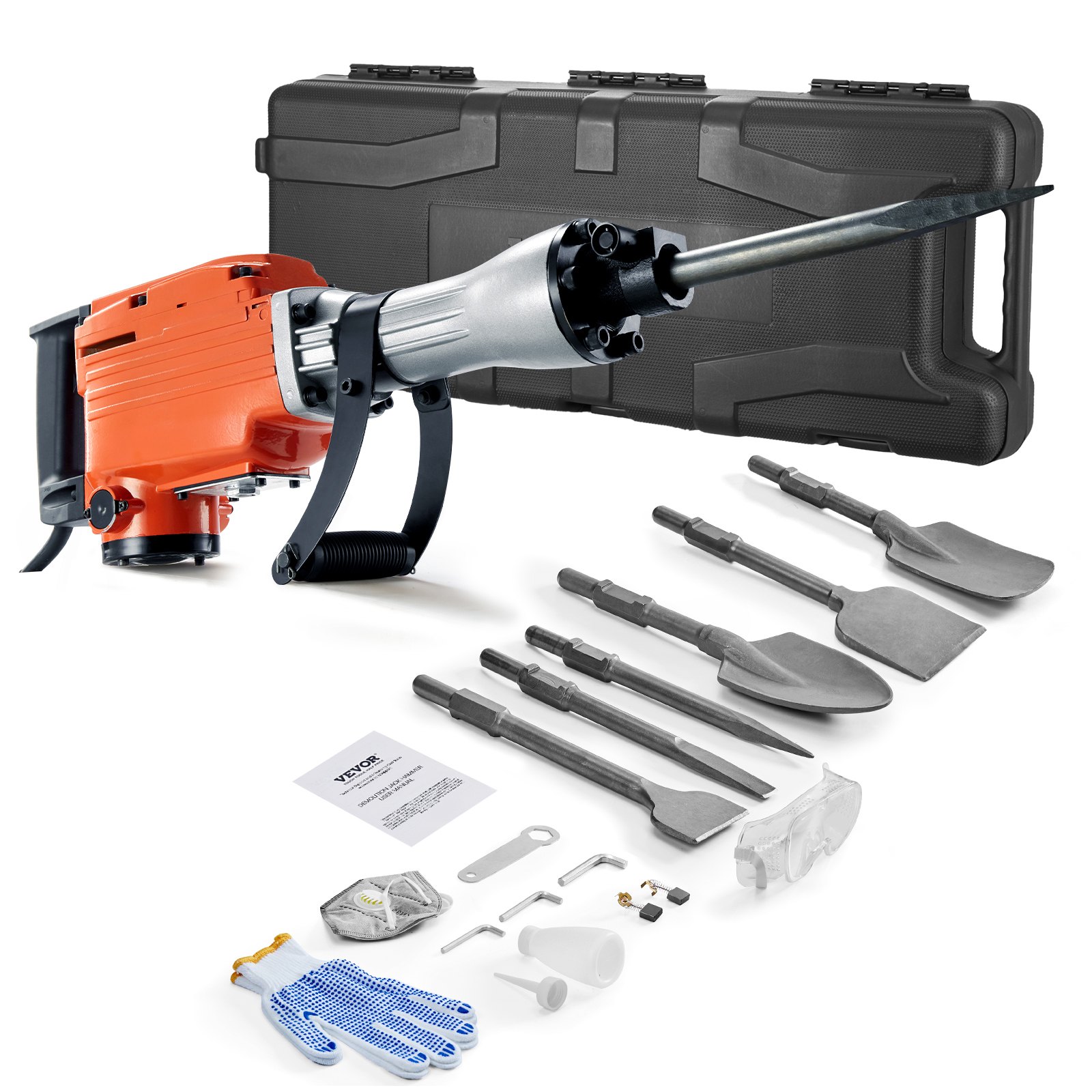 VEVOR Demolition Jack Hammer, 2200W Electric Jackhammer Heavy Duty, 1440 BPM Concrete Breaker 6pcs Chisels Bit Chipping with Case