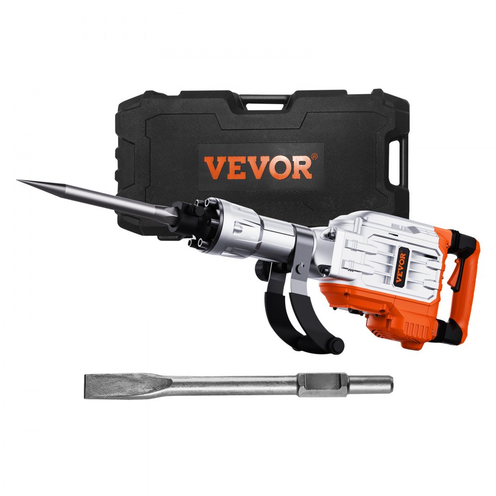 VEVOR demolition jack hammer with orange handle, chisel bit, and black carrying case.