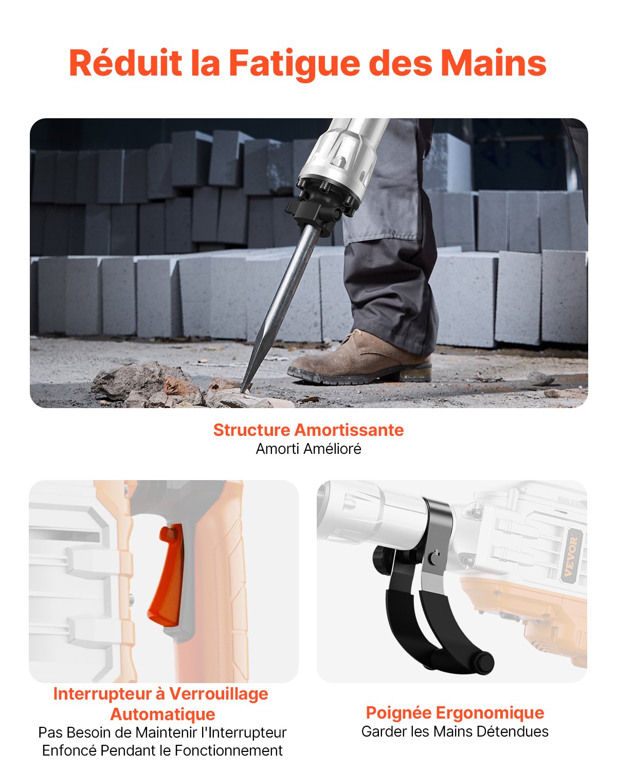 VEVOR Demolition Jack Hammer, 3500W Jack Hammer Concrete Breaker, 1900 BPM Heavy Duty Electric Jack Hammer, 2pcs Chisel with Gloves & 360°C Swiveling Front Handle for Trenching and Breaking Holes