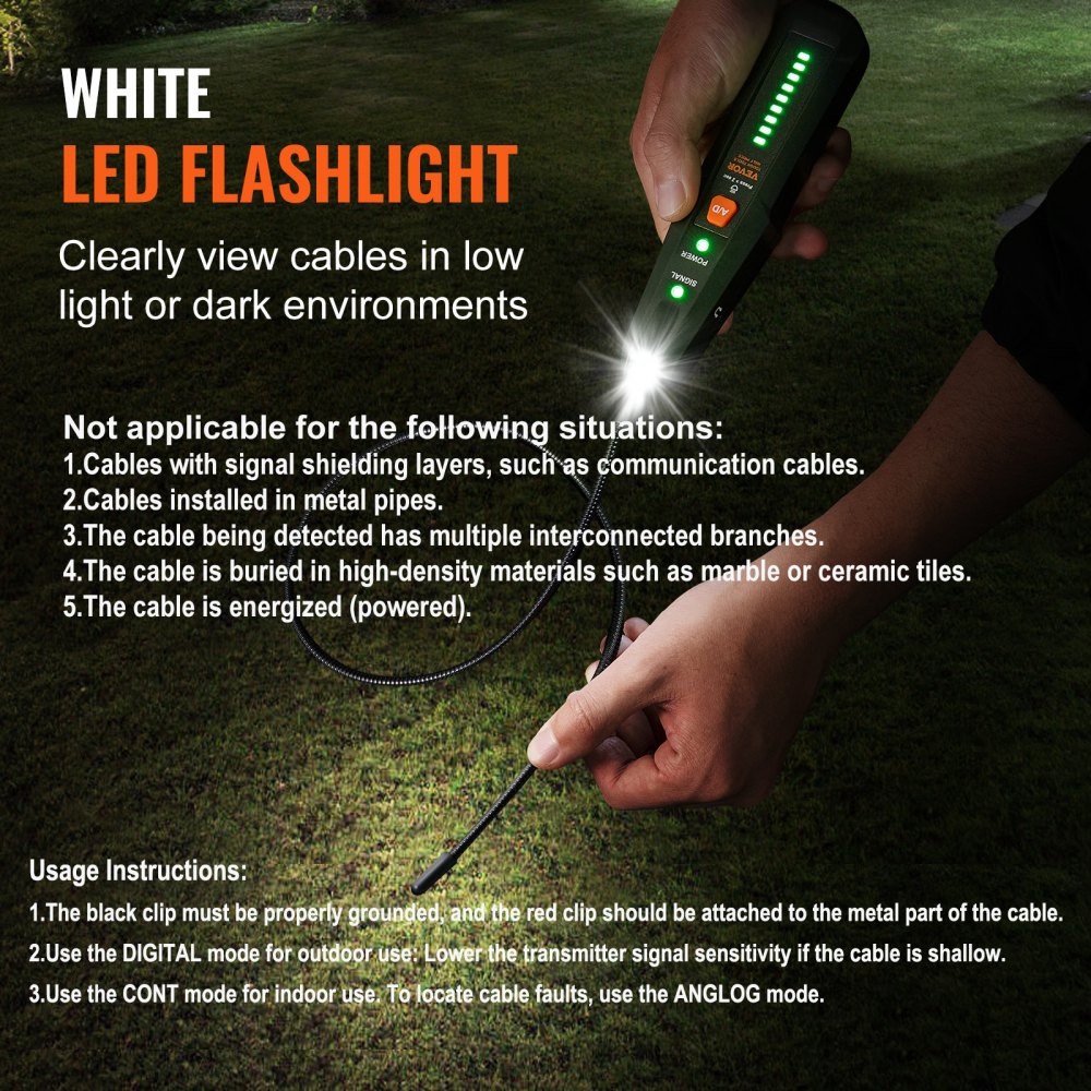VEVOR Subterranean Wire Locator, Up to 6.5 FT Detection Depth, Earphone-Included Cable Tracer and Break Detector, 3280 FT Detection Range, Ideal for Locating Hidden Pet Fences and Sprinkler Valves