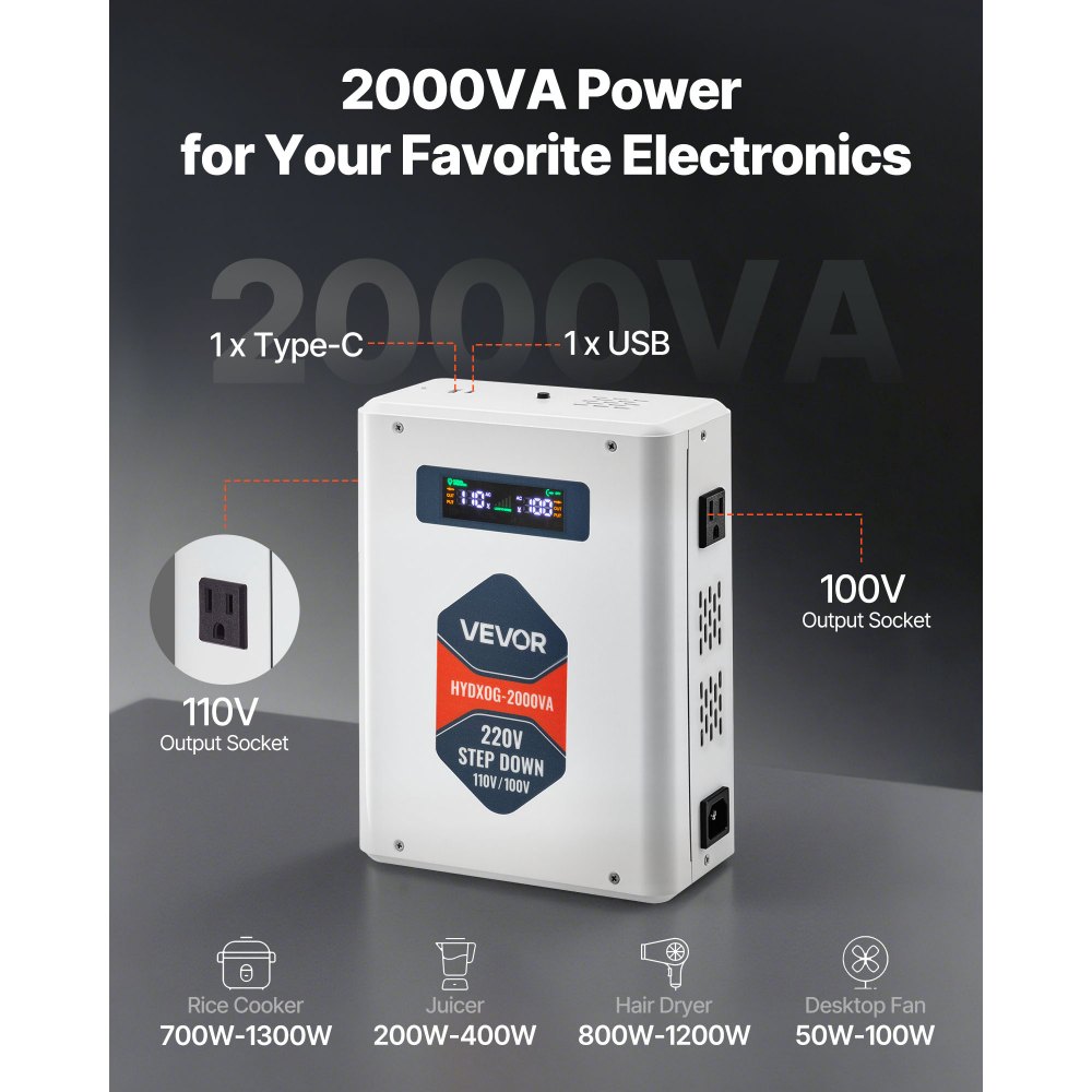 VEVOR Step Down Voltage Converter, 2000VA, Heavy Duty Voltage Power Converter, 220V to 110V Power Transformer, with 2 US Outlets, USB Output, LCD Display, Temperature Protection, for 110V Appliances