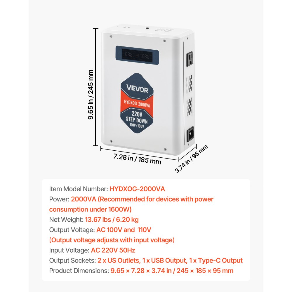 VEVOR Step Down Voltage Converter, 2000VA, Heavy Duty Voltage Power Converter, 220V to 110V Power Transformer, with 2 US Outlets, USB Output, LCD Display, Temperature Protection, for 110V Appliances