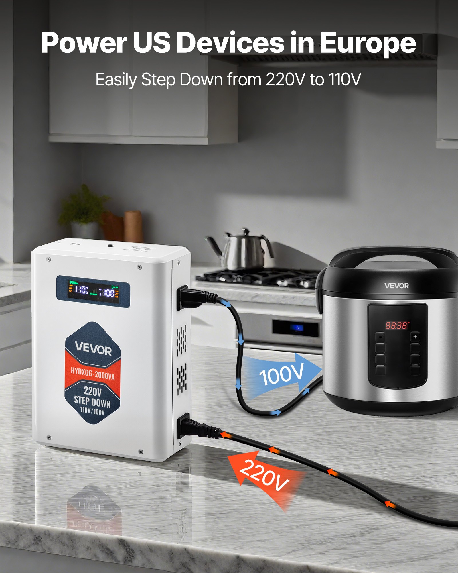 VEVOR Step Down Voltage Converter, 2000VA, Heavy Duty Voltage Power Converter, 220V to 110V Power Transformer, with 2 US Outlets, USB Output, LCD Display, Temperature Protection, for 110V Appliances