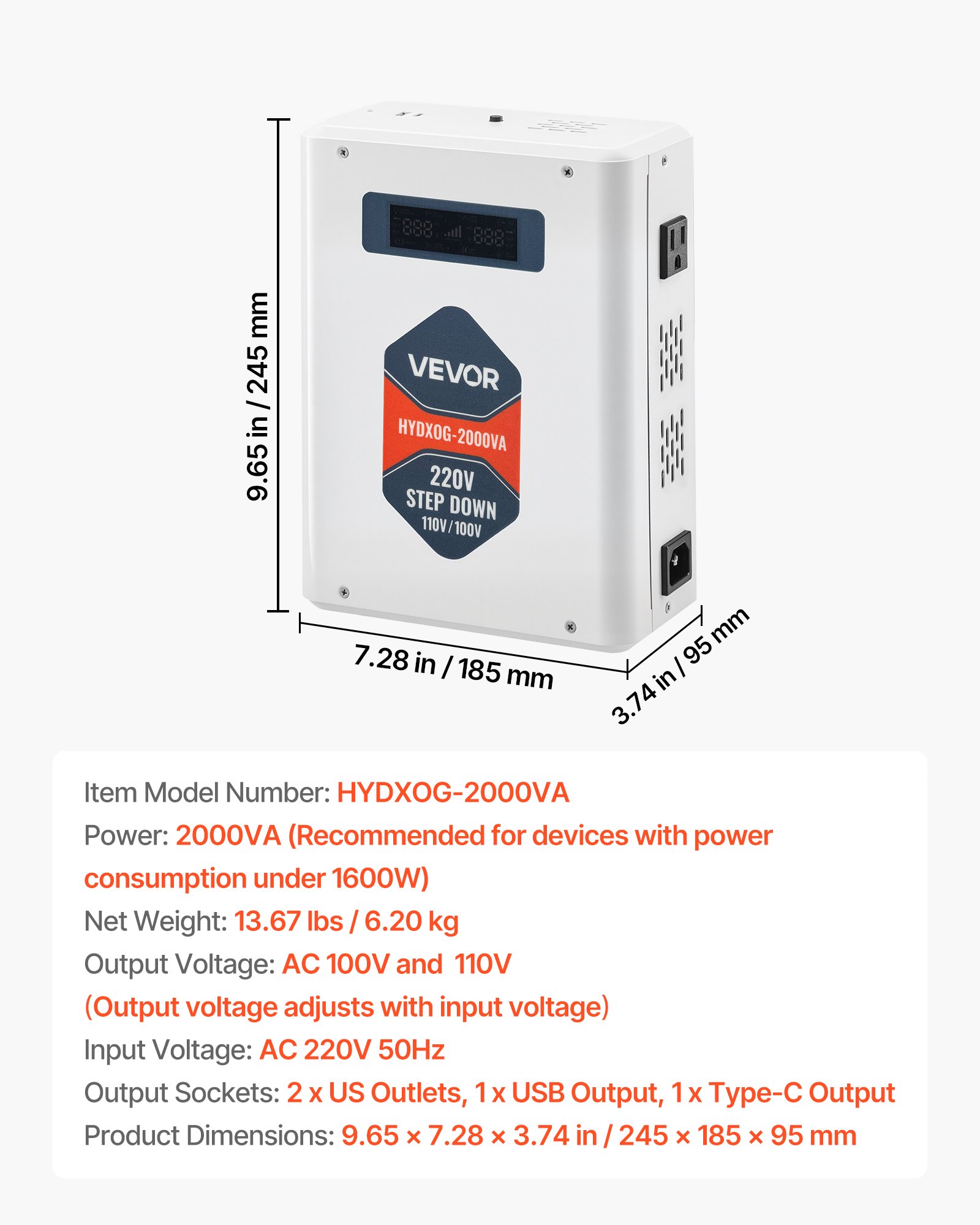 VEVOR Step Down Voltage Converter, 2000VA, Heavy Duty Voltage Power Converter, 220V to 110V Power Transformer, with 2 US Outlets, USB Output, LCD Display, Temperature Protection, for 110V Appliances