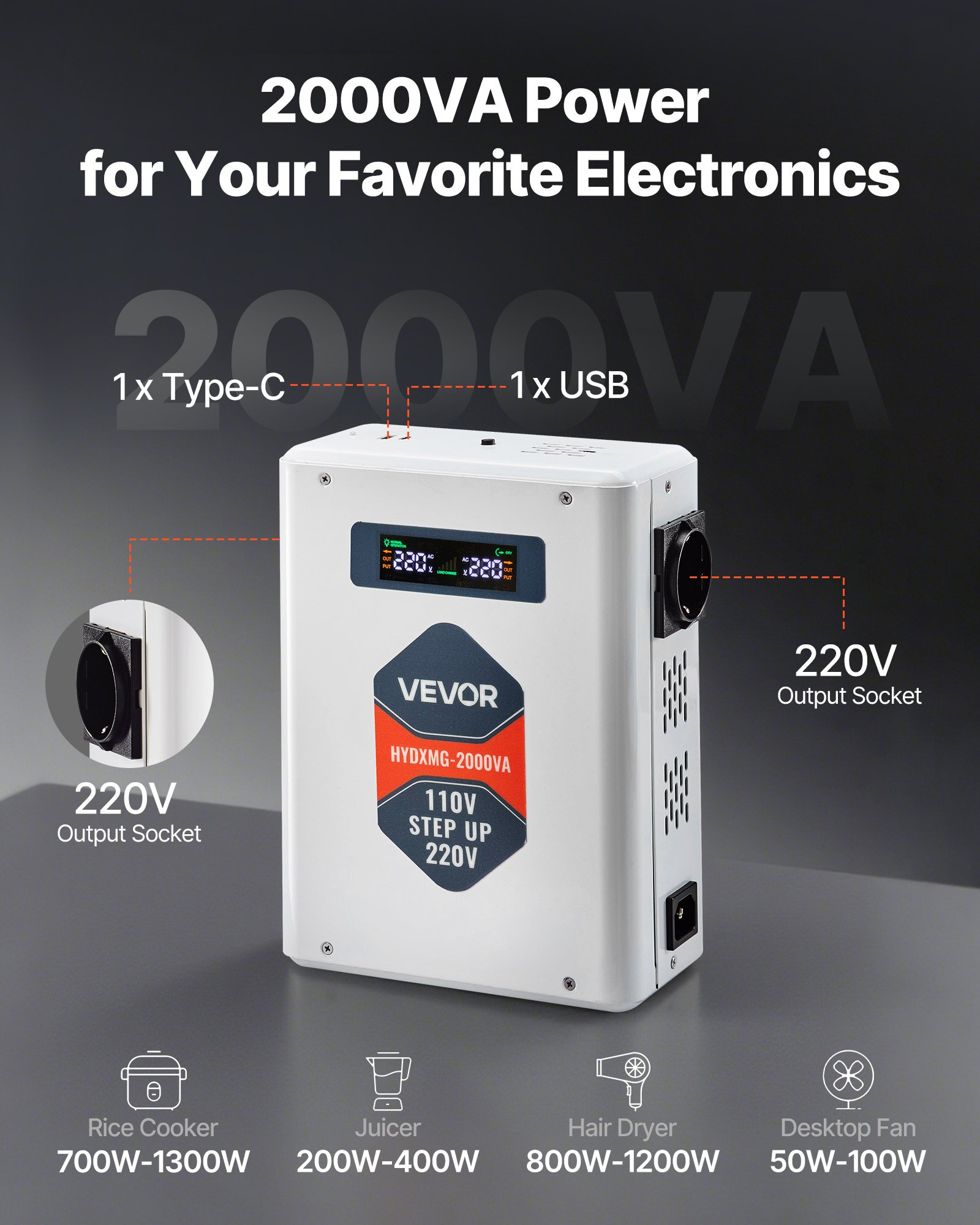 VEVOR Step Up Voltage Converter, 2000VA, Heavy Duty Voltage Power Converter, 110V to 220V Power Transformer, with 2 EU Outlets, USB Output, LCD Display, Temperature Protection, for 220V Appliances