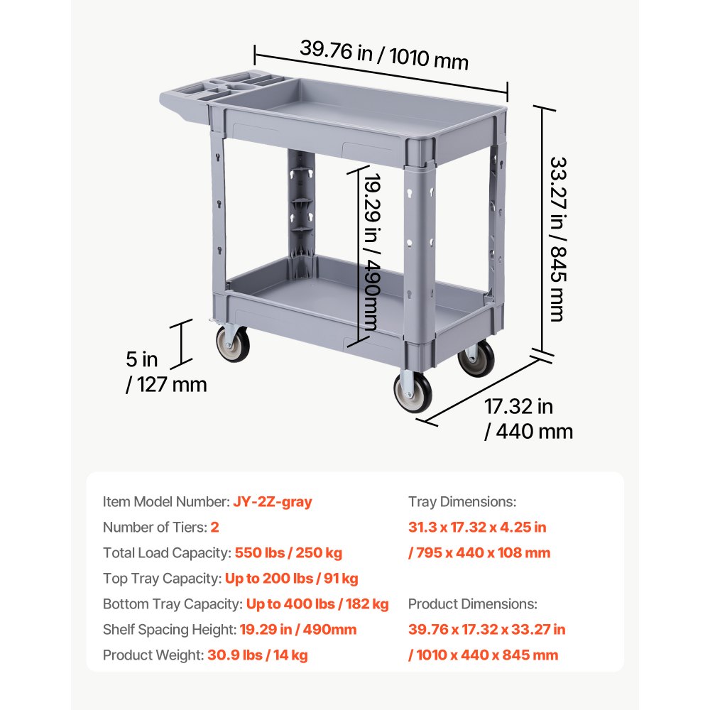VEVOR Utility Cart, 550 lbs Capacity, 2 Tier Service Cart with 360° Swivel & Fixed Wheels (2 with Brakes), Heavy Duty Plastic Rolling with Storage Tray, Tool Storage for Garage Warehouse Workshop